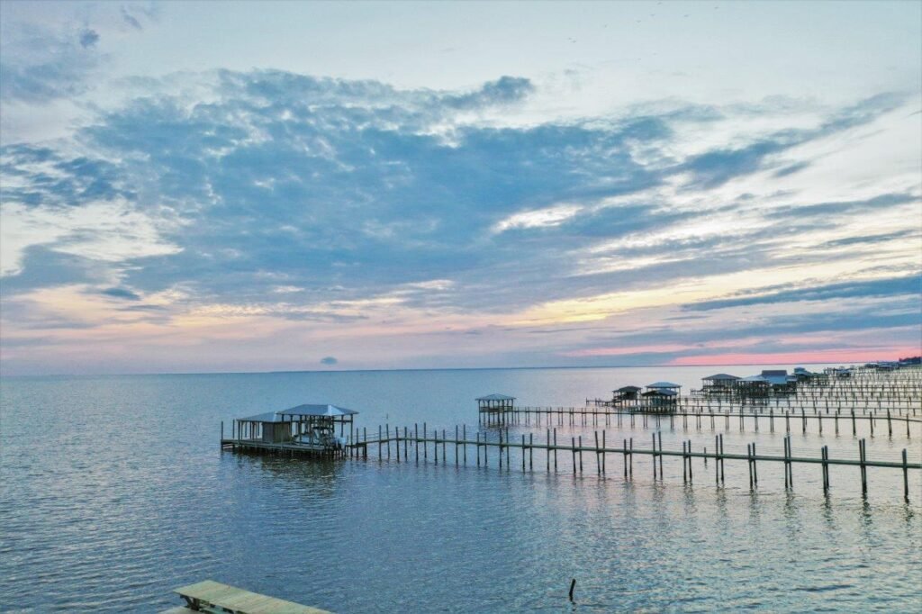 View of piers on Mobile Bay from back Deck