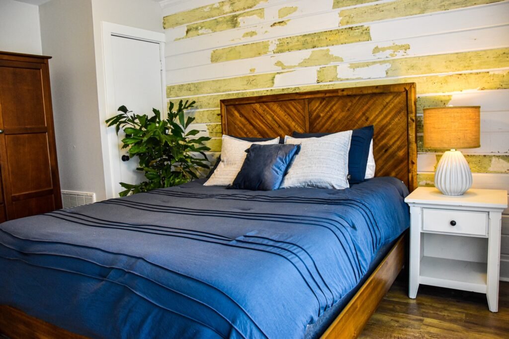 Waterfront Fairhope AL vacation rentals Mobile Bay bedroom with reclaimed walls