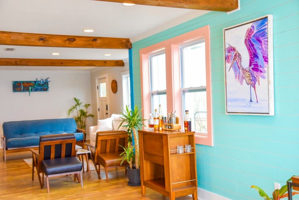 Mobile Bay cottage rental bar and living room