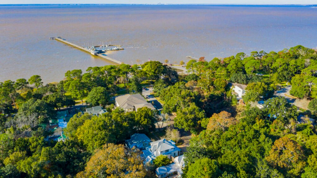 Emerson House - vacation renal in Fairhope - drone photo roof with Fairhope Municipal Pier