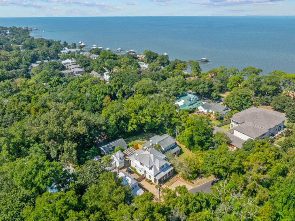Beautiful aerial view of Emerson House including Mobile Bay