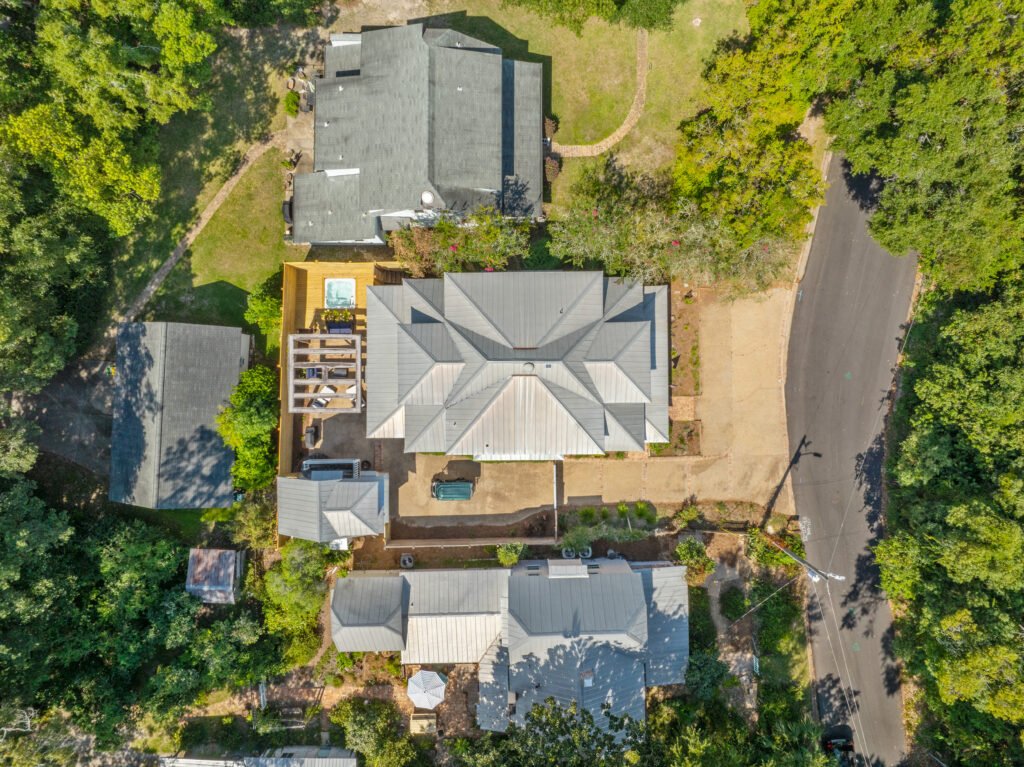 Center aerial view of Emerson House Fairhope vacation rental. Taken by drone December 2025.