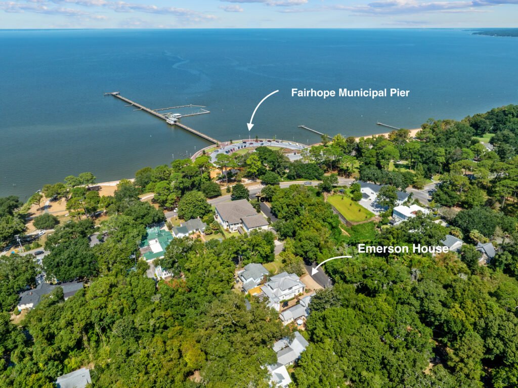 Clearly marked drone photo showing proximity of Emerson House Fairhope to Fairhope Municipal Pier.