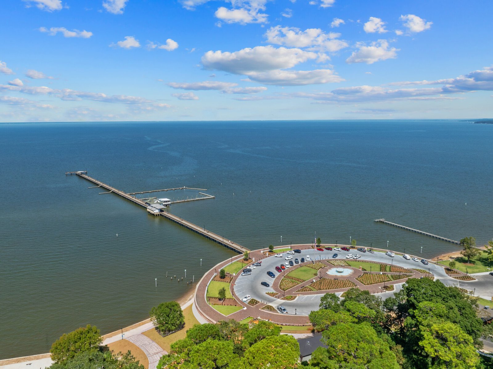 Aerial view of the renovated Fairhope Municipal Pier extending into Mobile Bay
