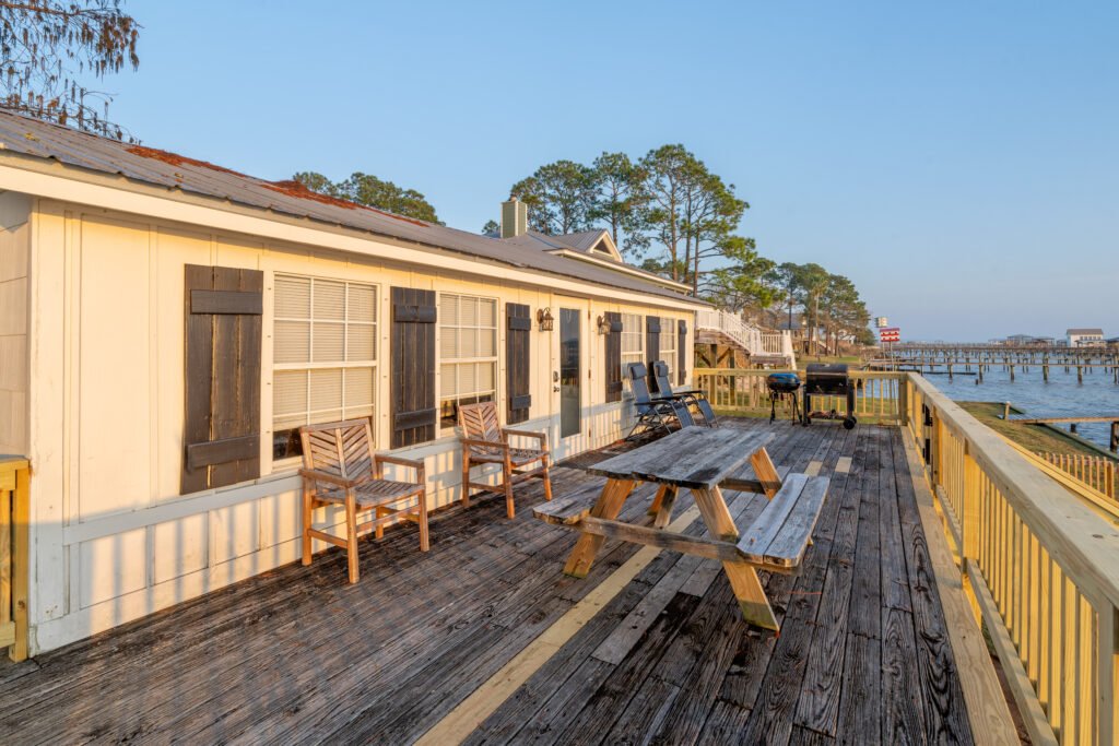 Charming Bayfront Getaway back porch overlooking Mobile Bay in Fairhope Alabama