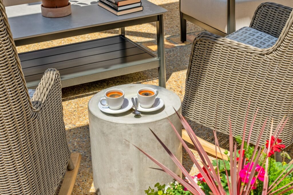 Morning coffee on outdoor table at Emerson House patio