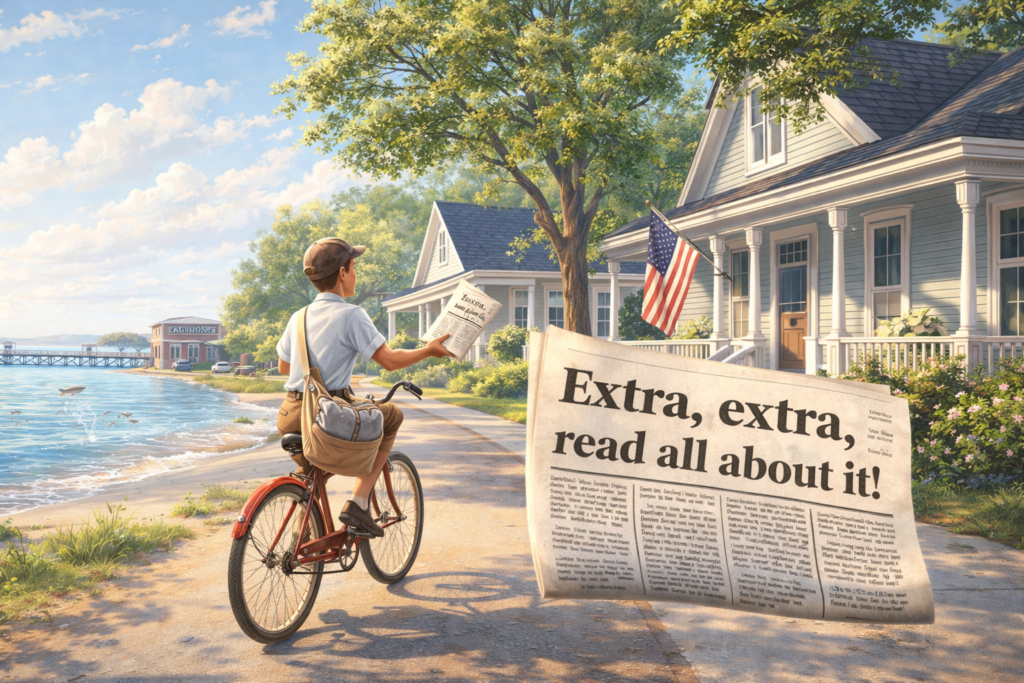 News paper boy delivering Fairhope First Vacation Rentals' regularly updated summary of City of Fairhope's community newsletter "Fairhope in Focus"