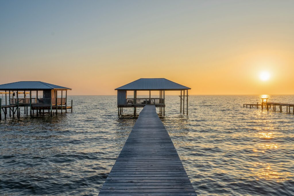 Fairhope rentals on the bay sunset view of Mobile Bay